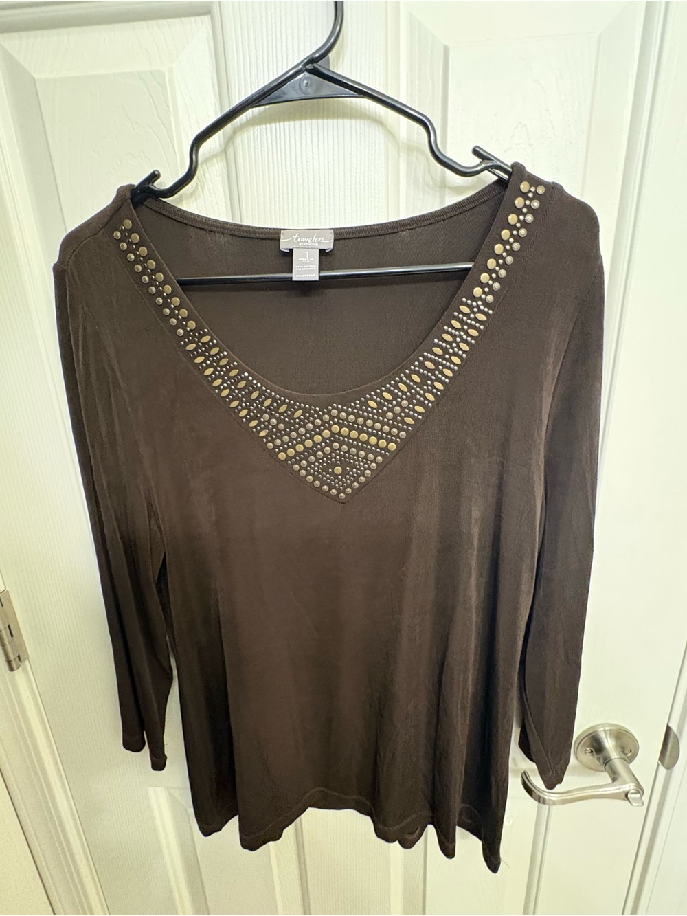Chico's Brown Long Sleeve V-Neck Top with Gold Stud Accents